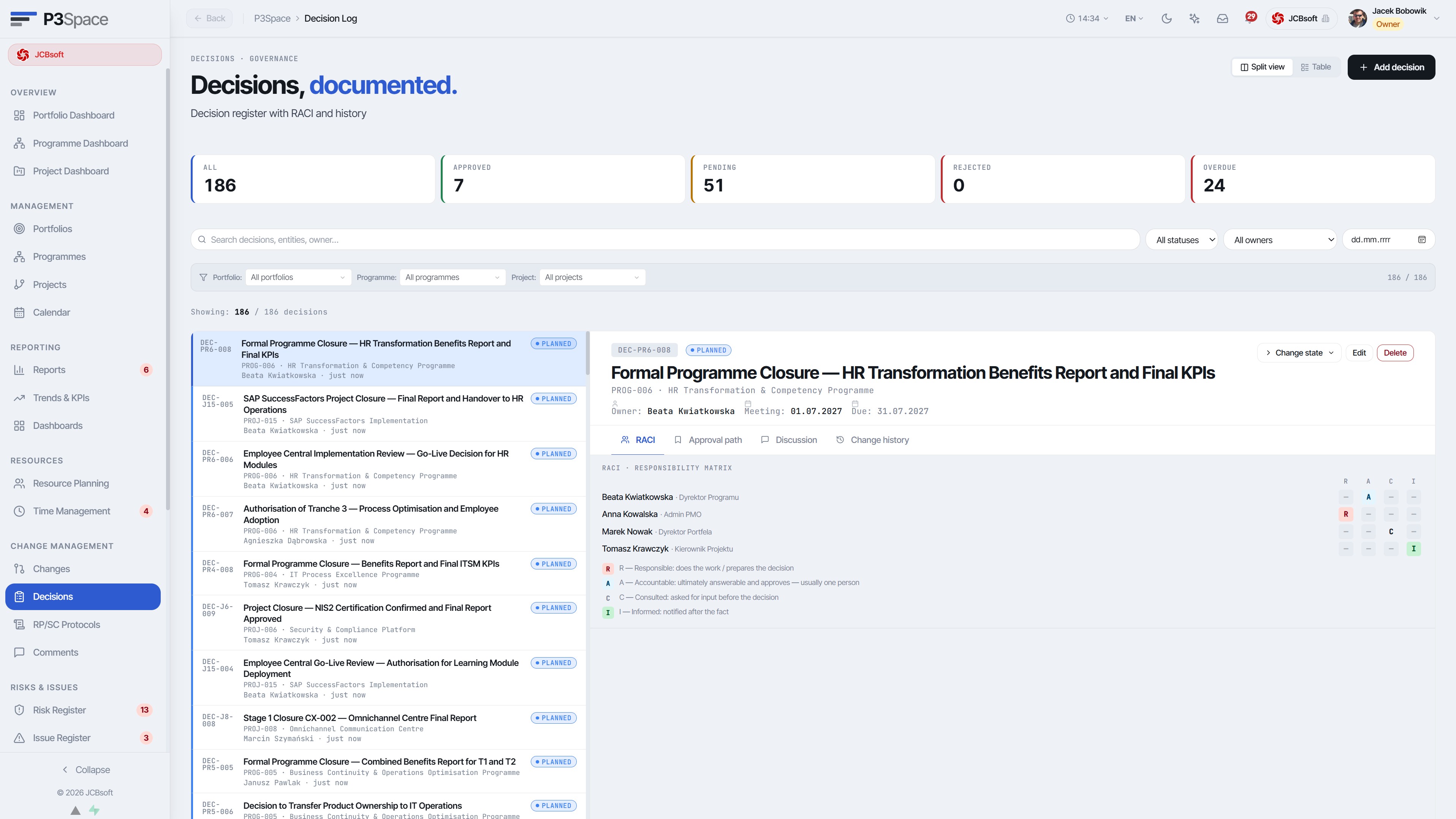 Change Management – approval path and Steering Committee minutes export