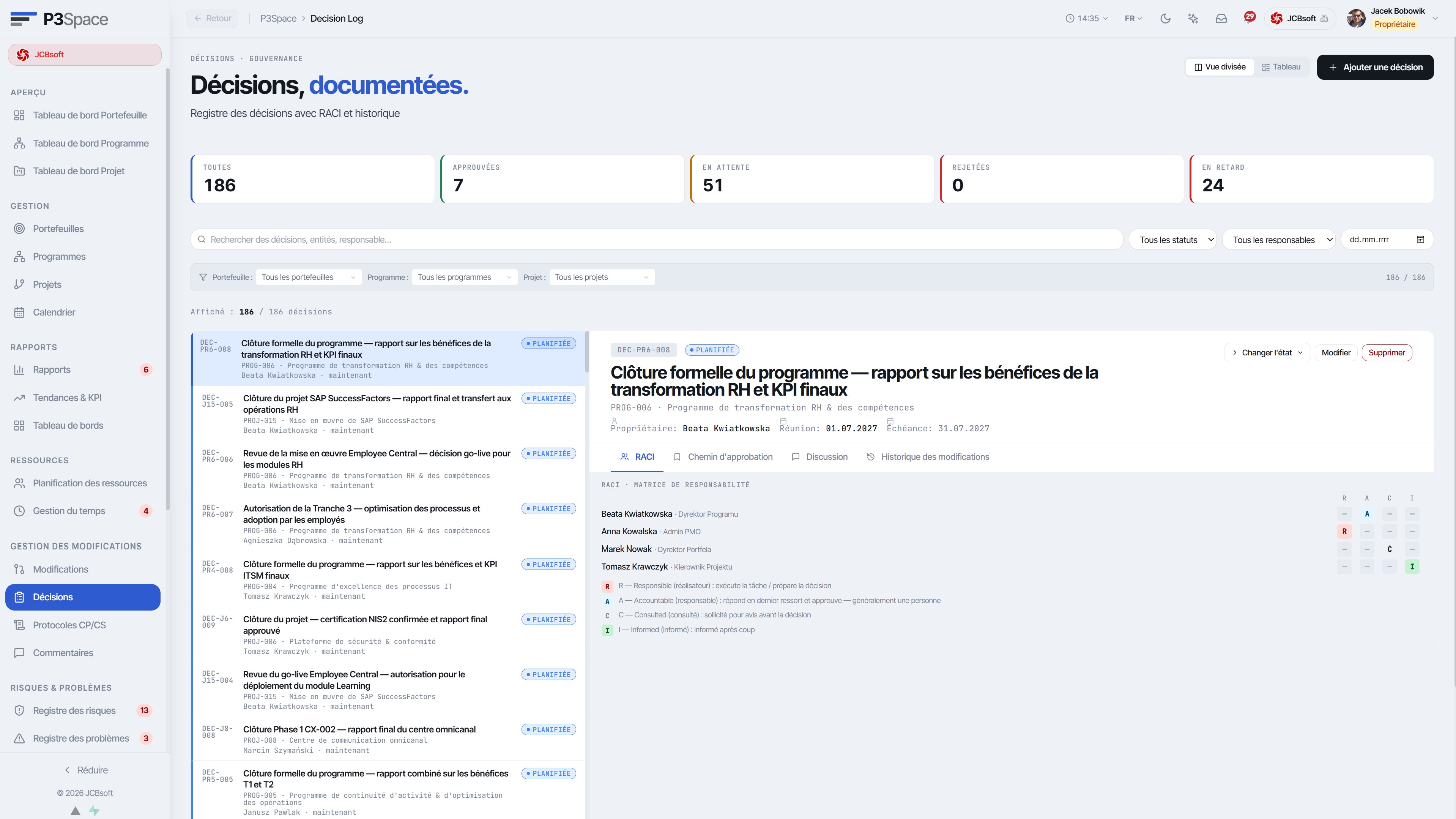 Gestion des changements – parcours d’approbation et export du procès-verbal du comité de pilotage
