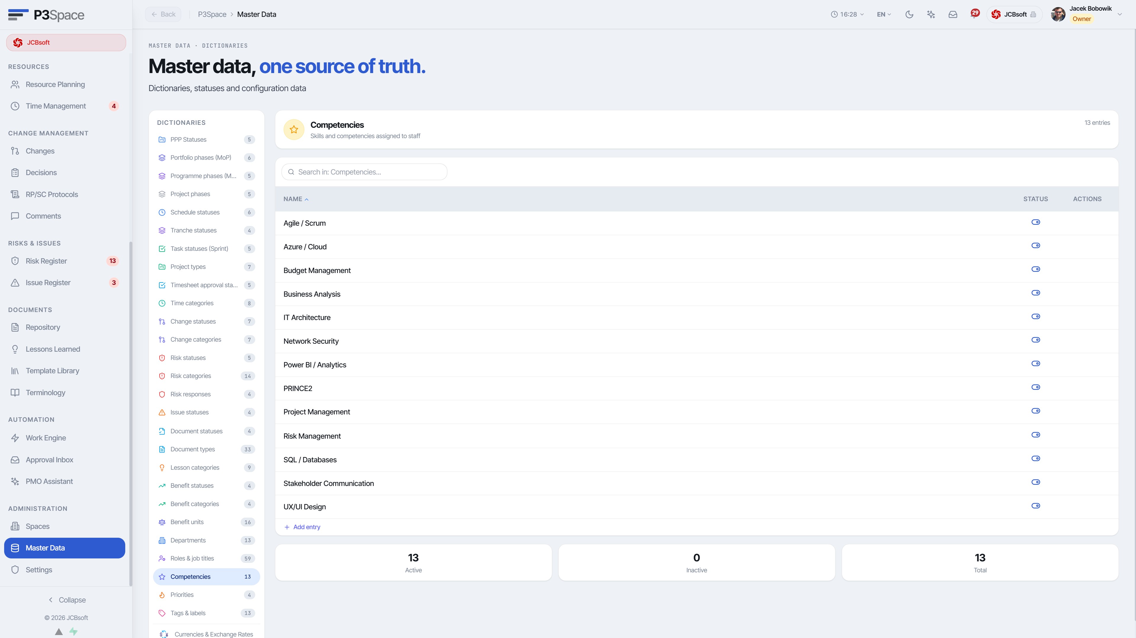 Master Data panel – system dictionaries and project templates