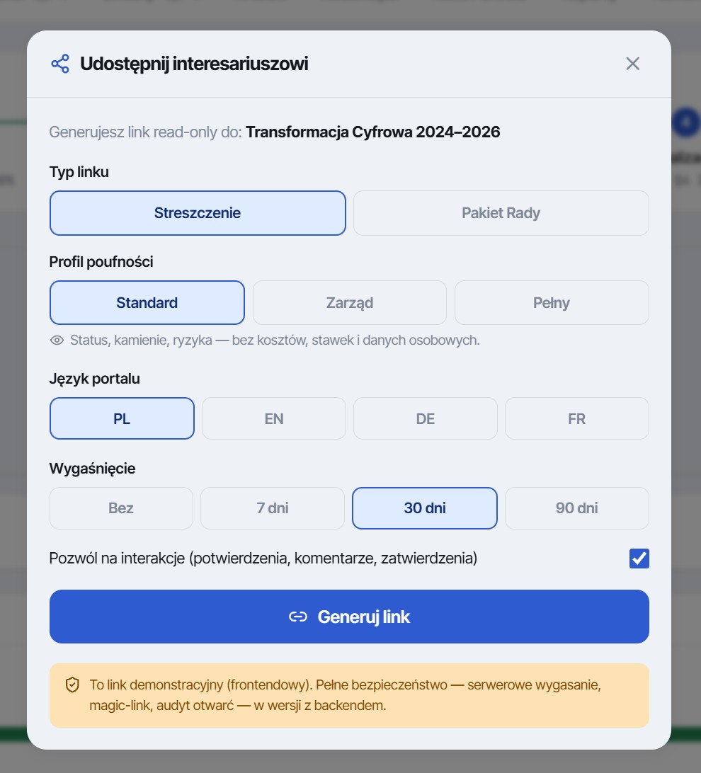 Modal udostępniania – generowanie linku read-only dla interesariusza