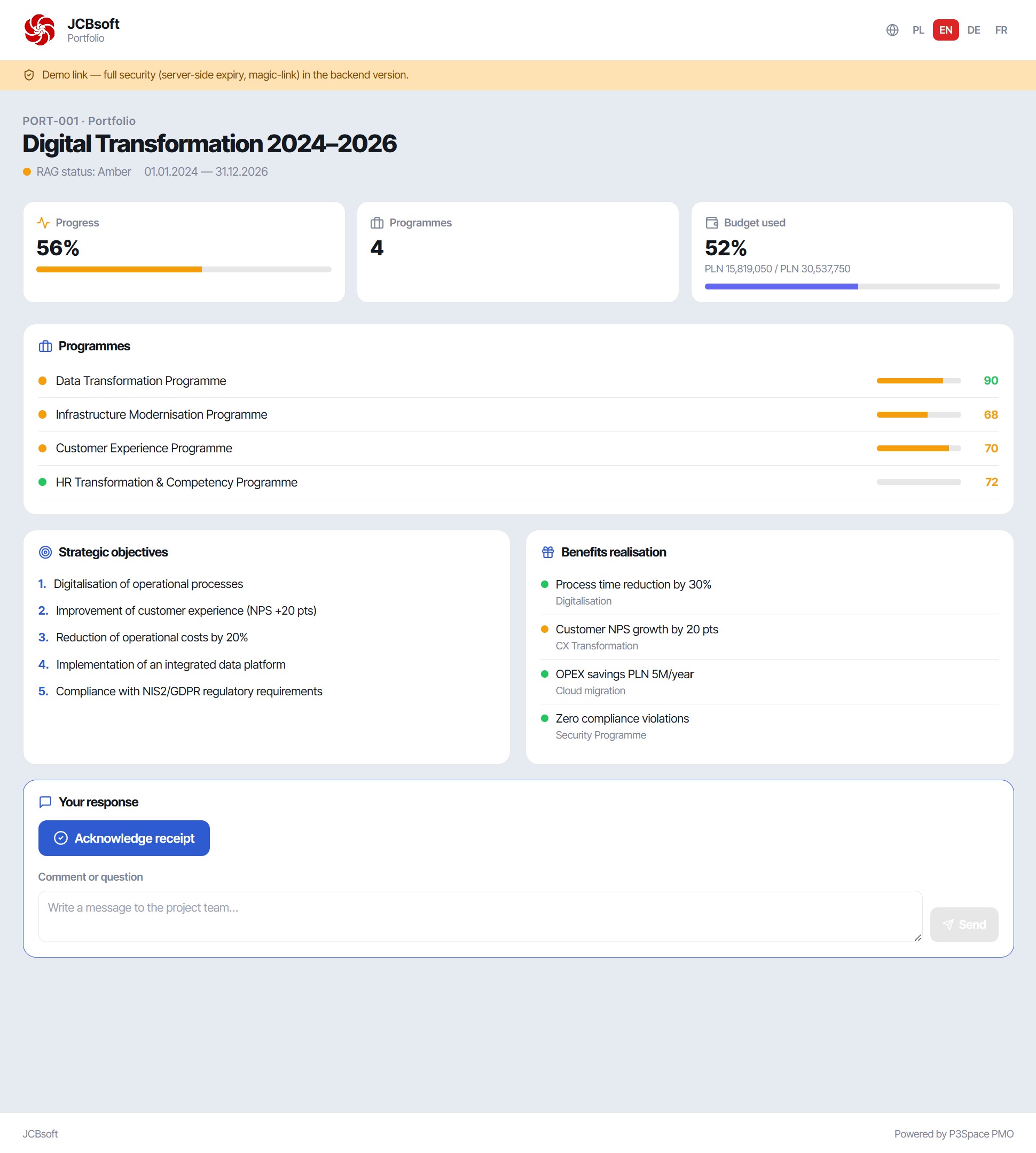 Stakeholder portal – read-only briefing in the recipient’s language