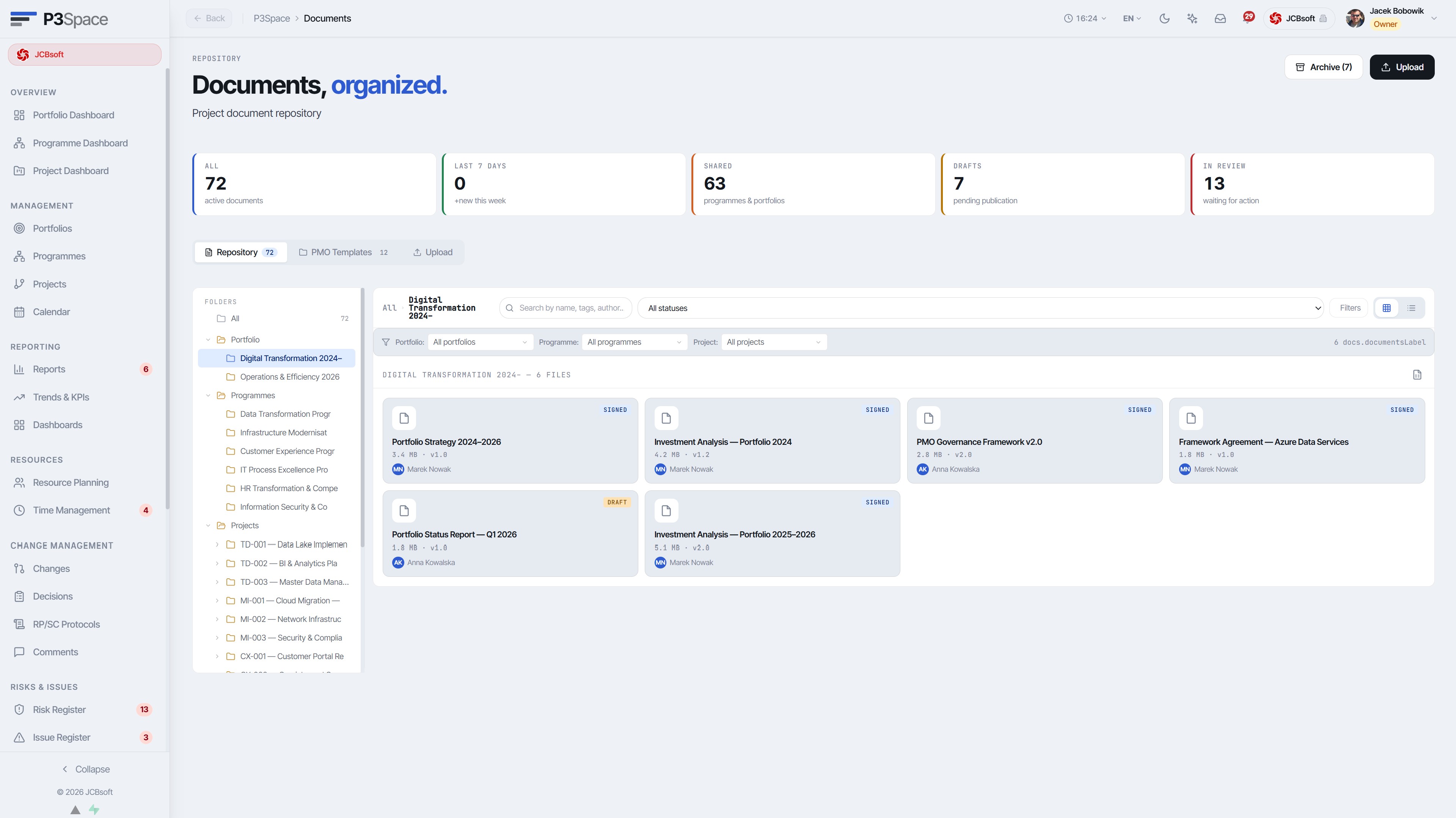 Document repository – project folder tree and file list